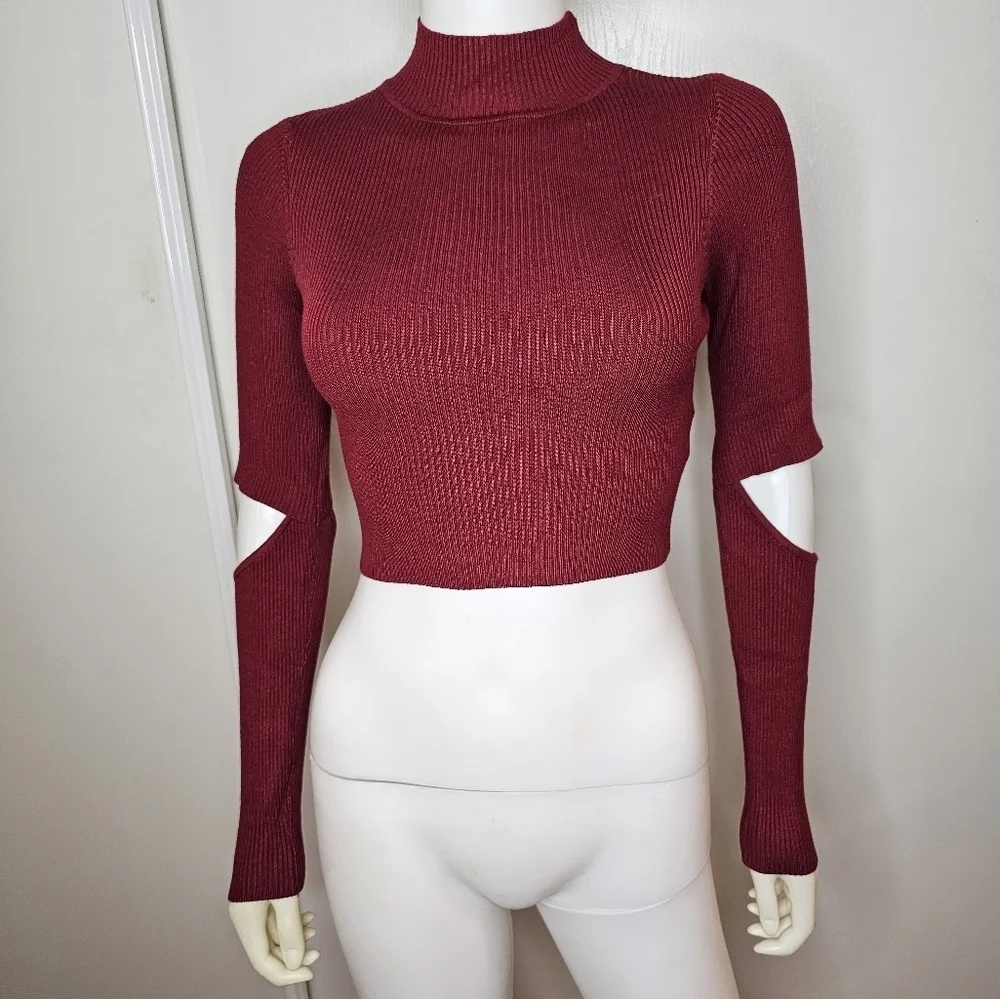 Hera Collection Womens Turtleneck Burgundy Cutout Long Sleeve Ribbed Sweater SM